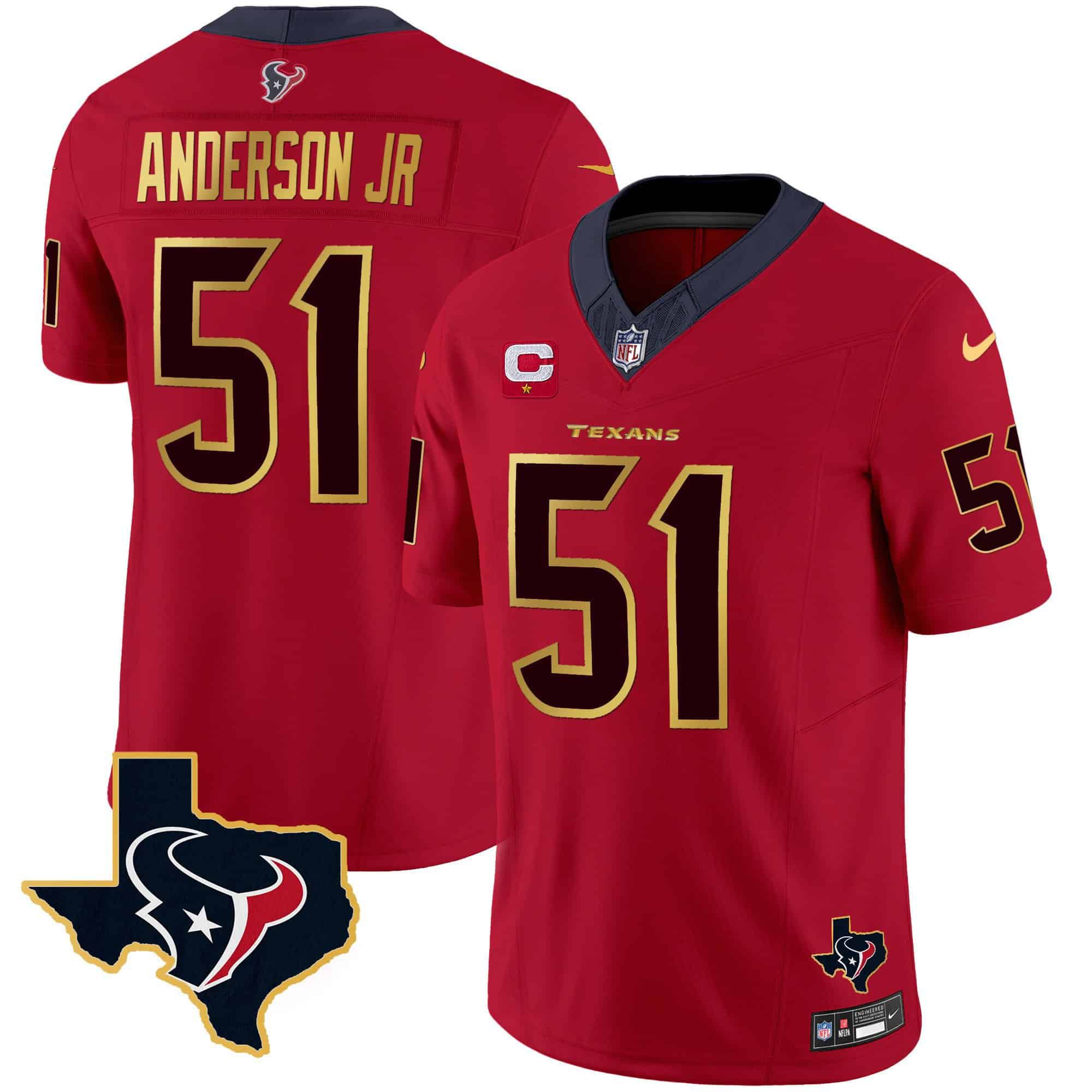 Men Houston Texans #51 Anderson jr Red Gold 2024 Nike Trim Vapor NFL Jersey